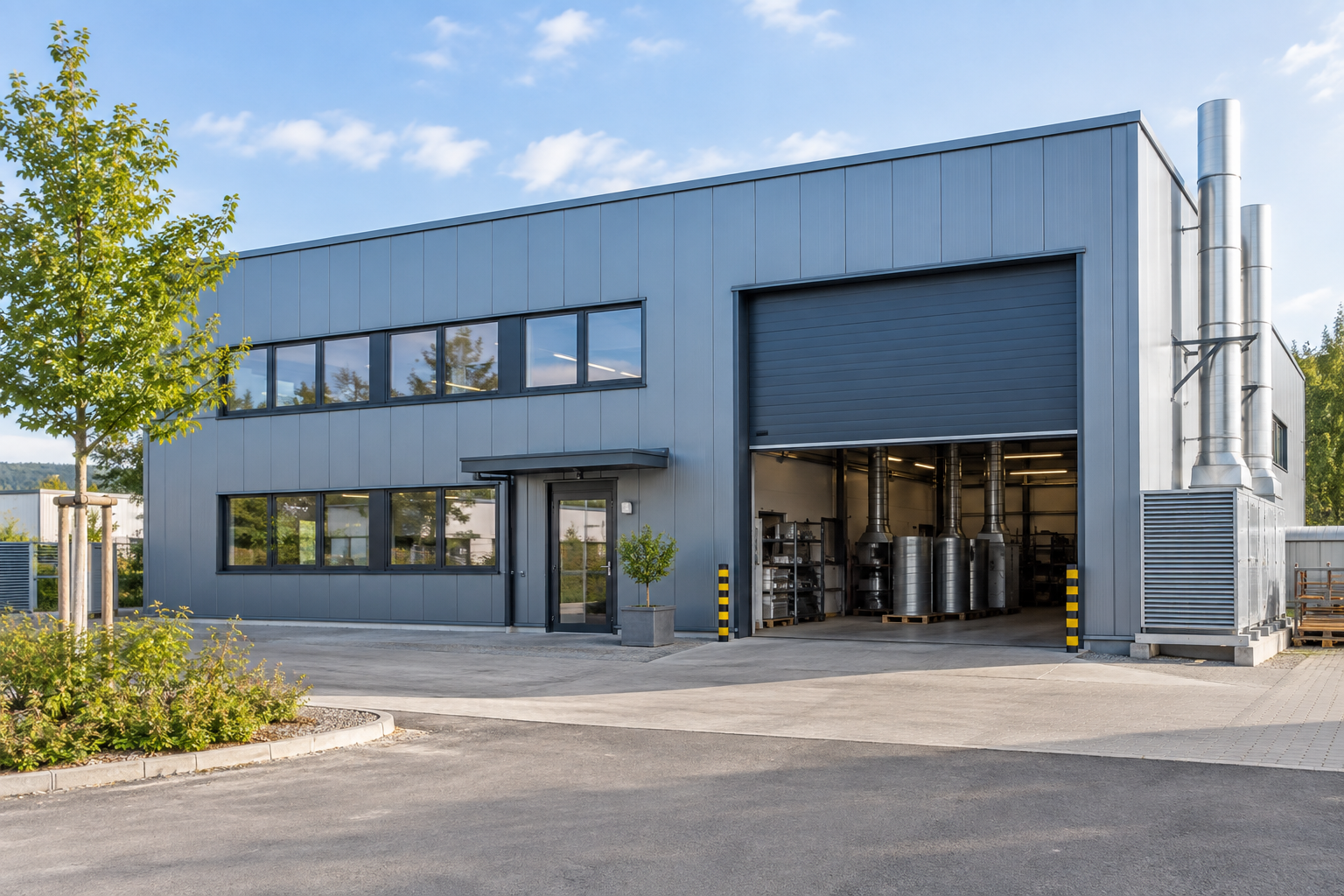 Gewerbegebäude mit Werkstatt und Bürofenstern