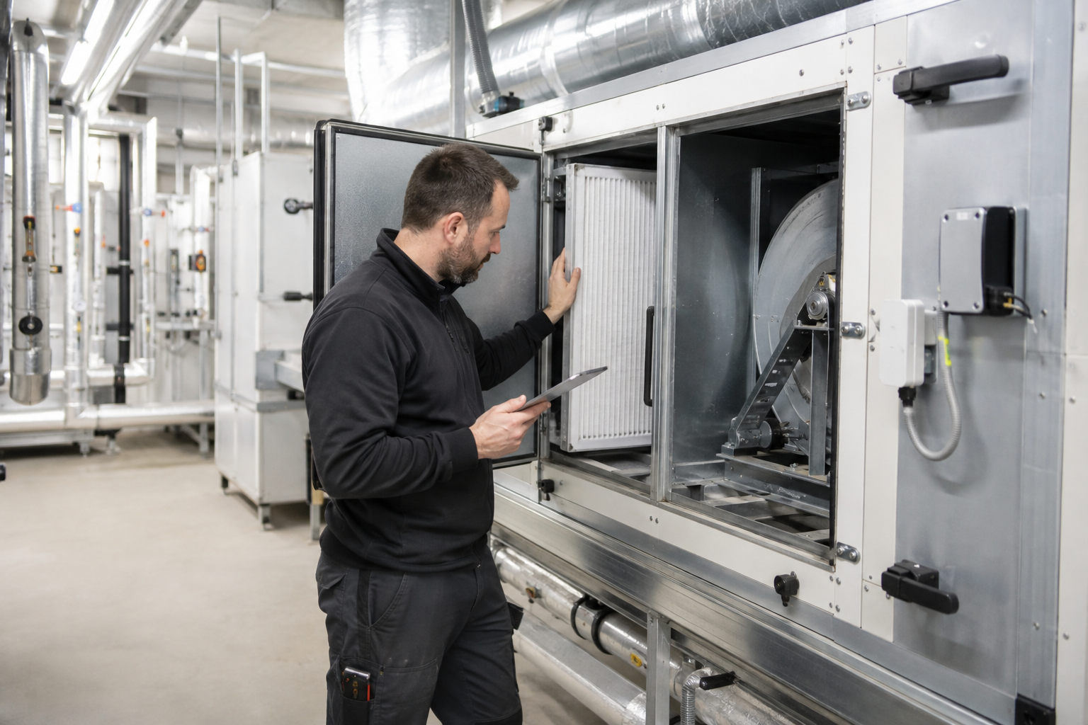 Techniker kontrolliert ein Lüftungsgerät