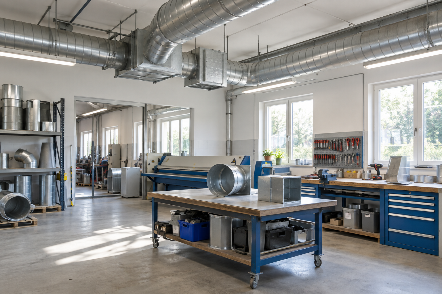 Werkstatt mit Lüftungskanälen und Metallbearbeitung